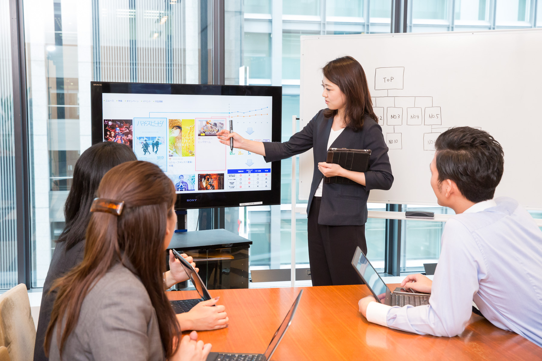 社内での会議で女性社員がプレゼンしている様子